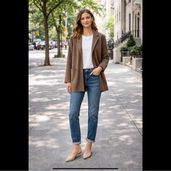 Quince Organic Cottin Knit Blazer Cardigan XS Brown Minimalist Capsule Wardrobe - Picture 3 of 16
